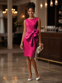 Satin Sheath/Column Scoop Neck Tea-Length Cocktail Dresses with Ruffles