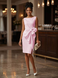 Satin Sheath/Column Scoop Neck Tea-Length Cocktail Dresses with Ruffles
