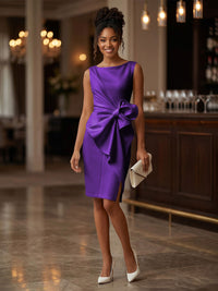 Satin Sheath/Column Scoop Neck Tea-Length Cocktail Dresses with Ruffles