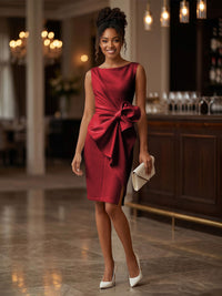 Satin Sheath/Column Scoop Neck Tea-Length Cocktail Dresses with Ruffles