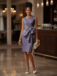 Satin Sheath/Column Scoop Neck Tea-Length Cocktail Dresses with Ruffles
