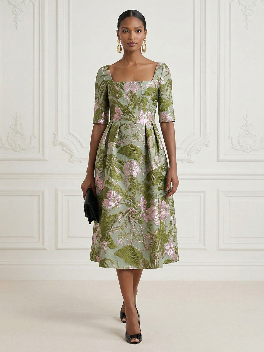 Jacquard A-Line/Princess Square Neck Tea-Length Cocktail Dresses with Ruched Waist