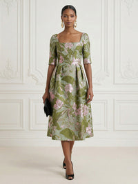 Jacquard A-Line/Princess Square Neck Tea-Length Cocktail Dresses with Ruched Waist