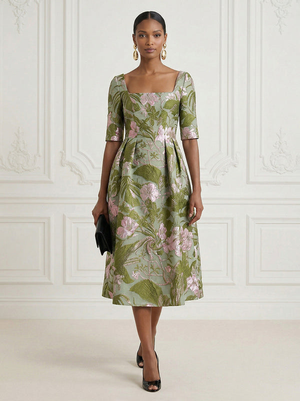 Jacquard A-Line/Princess Square Neck Tea-Length Cocktail Dresses with Ruched Waist