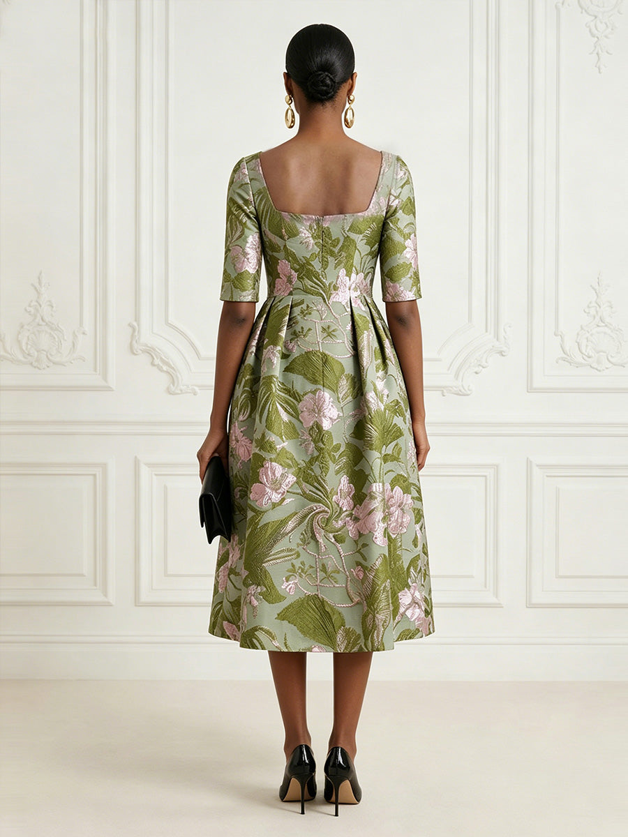 Jacquard A-Line/Princess Square Neck Tea-Length Cocktail Dresses with Ruched Waist