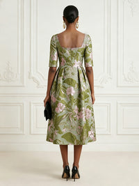 Jacquard A-Line/Princess Square Neck Tea-Length Cocktail Dresses with Ruched Waist