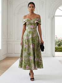 Jacquard A-Line/Princess Off Shoulder Tea-Length Cocktail Dresses with Ruched Bodice