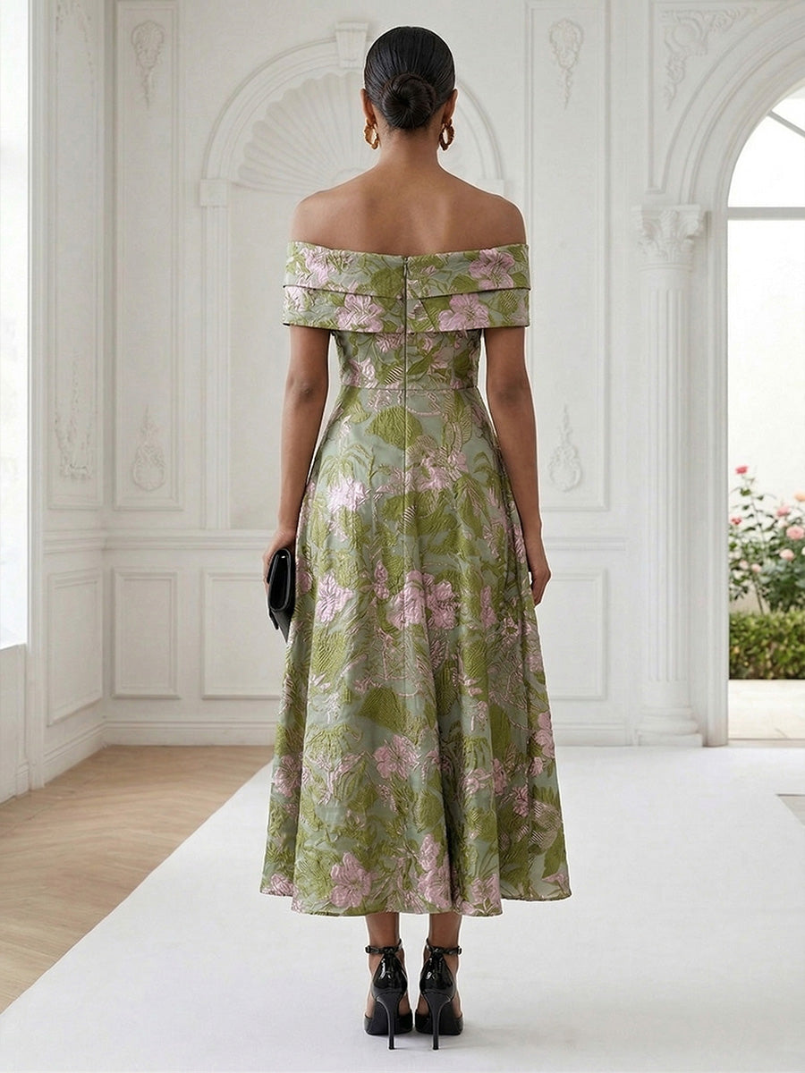 Jacquard A-Line/Princess Off Shoulder Tea-Length Cocktail Dresses with Ruched Bodice