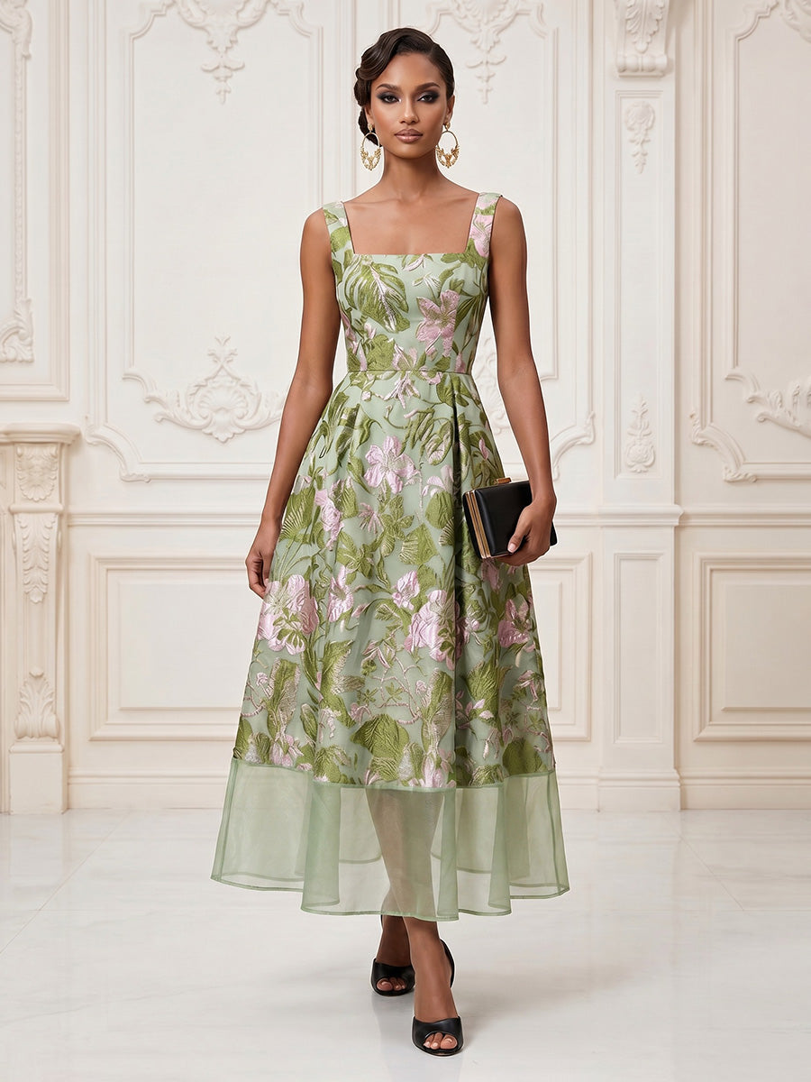 Jacquard A-Line/Princess Square Neck Tea-Length Cocktail Dresses for Women