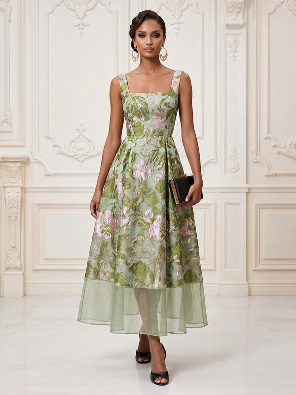 Jacquard A-Line/Princess Square Neck Tea-Length Cocktail Dresses for Women