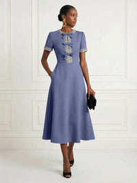 Satin A-Line/Princess Scoop Neck Tea-Length Cocktail Dresses with Rhinestones