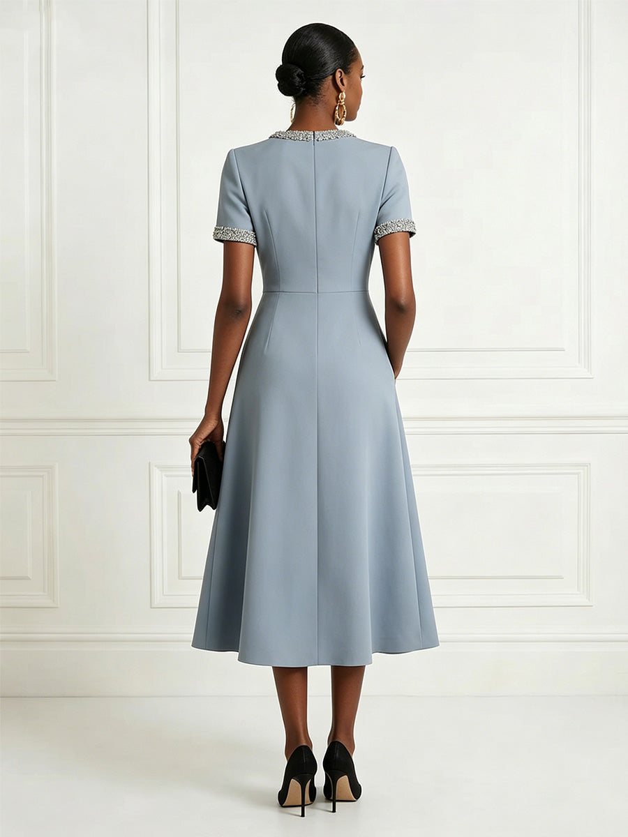 Satin A-Line/Princess Scoop Neck Tea-Length Cocktail Dresses with Rhinestones