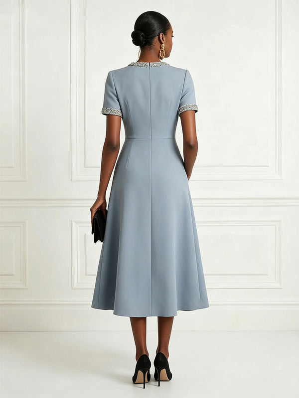 Satin A-Line/Princess Scoop Neck Tea-Length Cocktail Dresses with Rhinestones