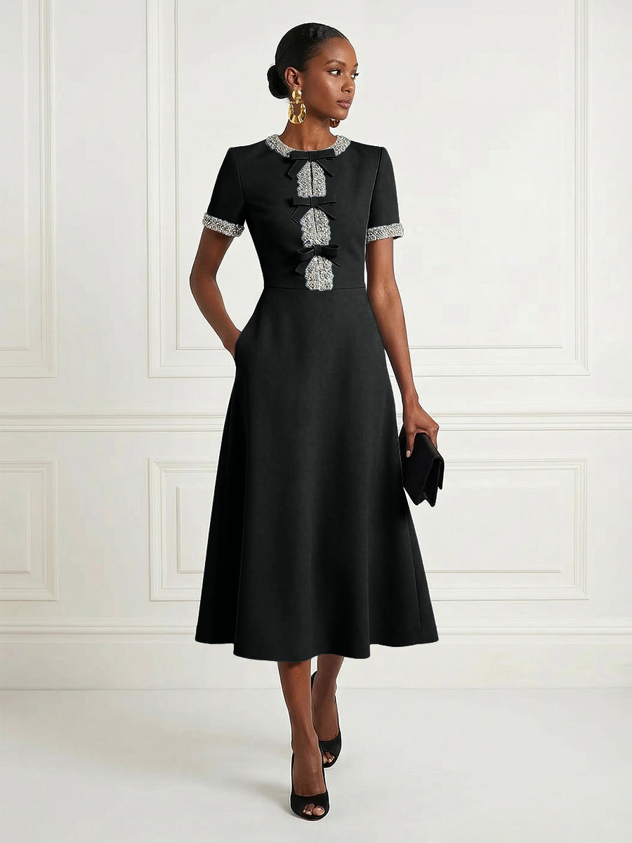 Satin A-Line/Princess Scoop Neck Tea-Length Cocktail Dresses with Rhinestones