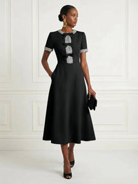 Satin A-Line/Princess Scoop Neck Tea-Length Cocktail Dresses with Rhinestones