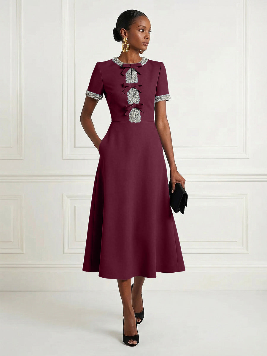 Satin A-Line/Princess Scoop Neck Tea-Length Cocktail Dresses with Rhinestones