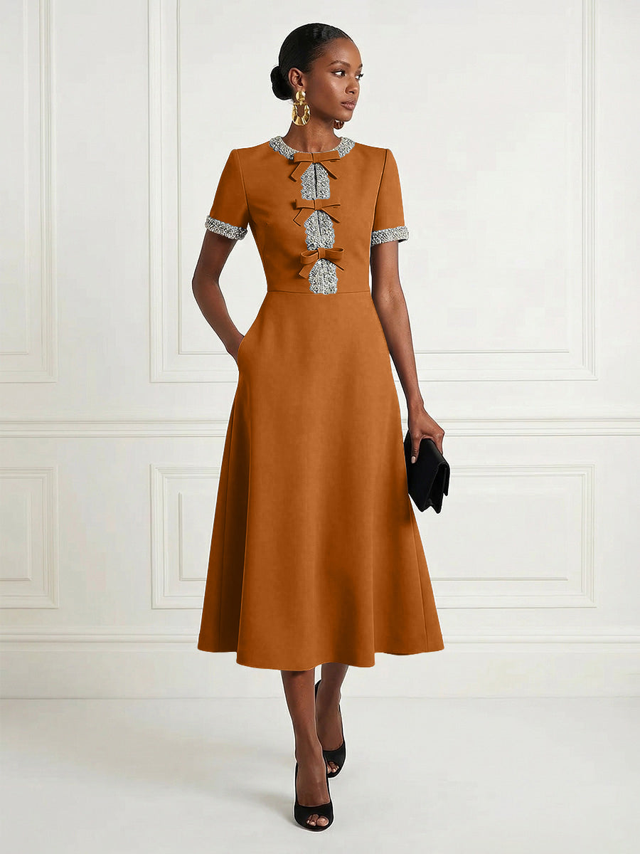 Satin A-Line/Princess Scoop Neck Tea-Length Cocktail Dresses with Rhinestones