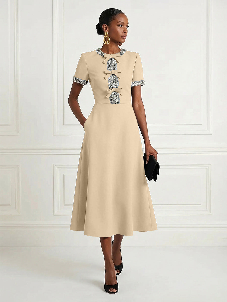 Satin A-Line/Princess Scoop Neck Tea-Length Cocktail Dresses with Rhinestones
