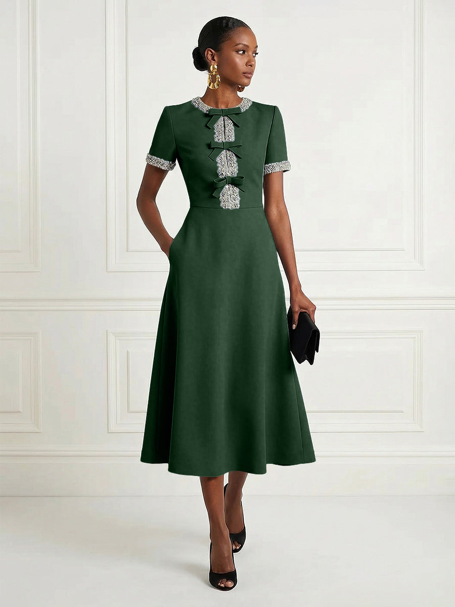 Satin A-Line/Princess Scoop Neck Tea-Length Cocktail Dresses with Rhinestones