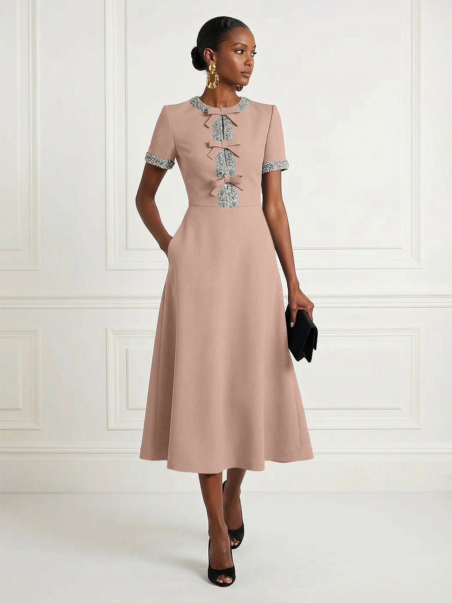 Satin A-Line/Princess Scoop Neck Tea-Length Cocktail Dresses with Rhinestones