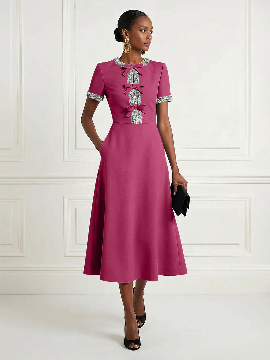 Satin A-Line/Princess Scoop Neck Tea-Length Cocktail Dresses with Rhinestones