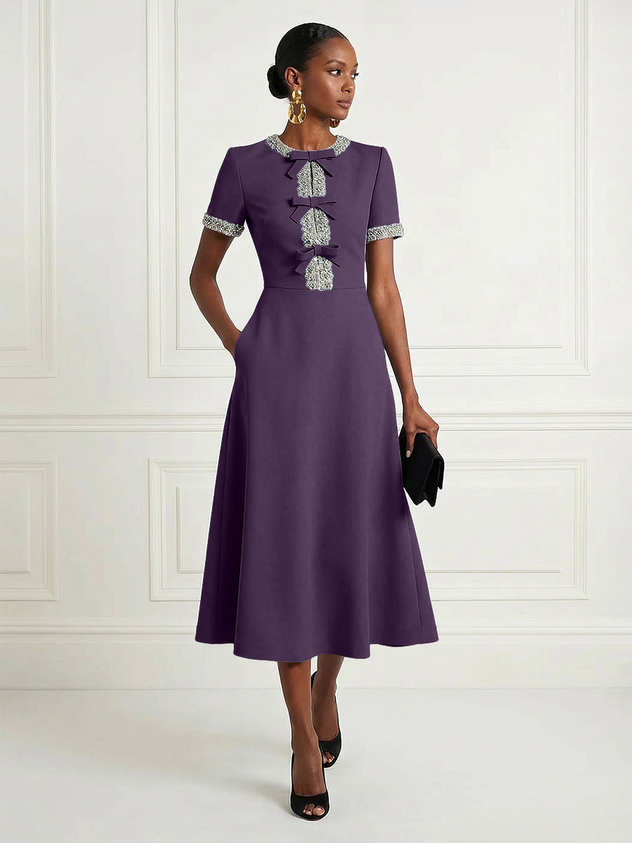 Satin A-Line/Princess Scoop Neck Tea-Length Cocktail Dresses with Rhinestones