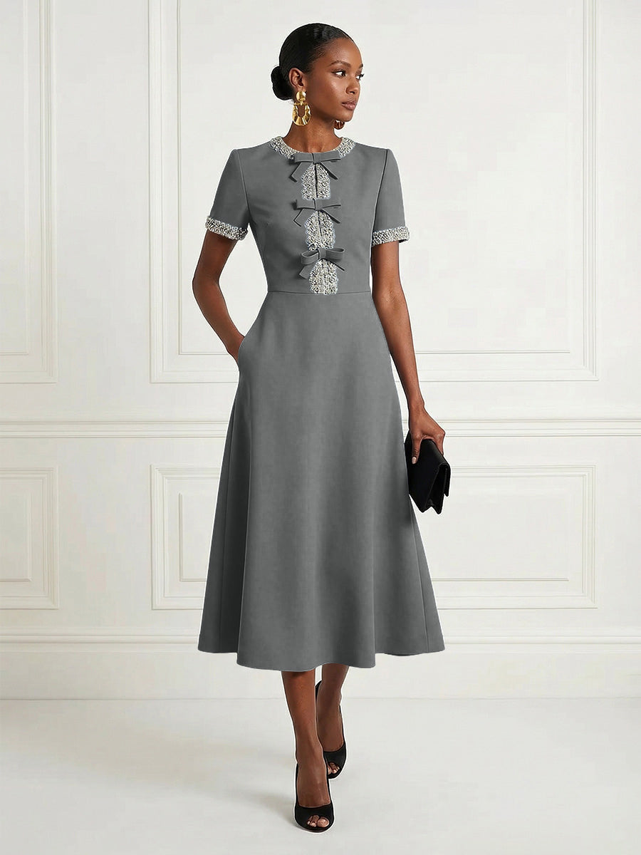 Satin A-Line/Princess Scoop Neck Tea-Length Cocktail Dresses with Rhinestones