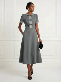 Satin A-Line/Princess Scoop Neck Tea-Length Cocktail Dresses with Rhinestones