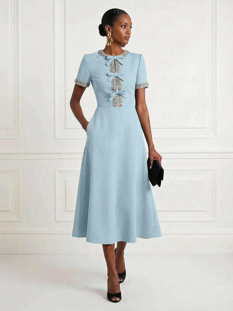 Satin A-Line/Princess Scoop Neck Tea-Length Cocktail Dresses with Rhinestones
