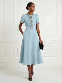 Satin A-Line/Princess Scoop Neck Tea-Length Cocktail Dresses with Rhinestones