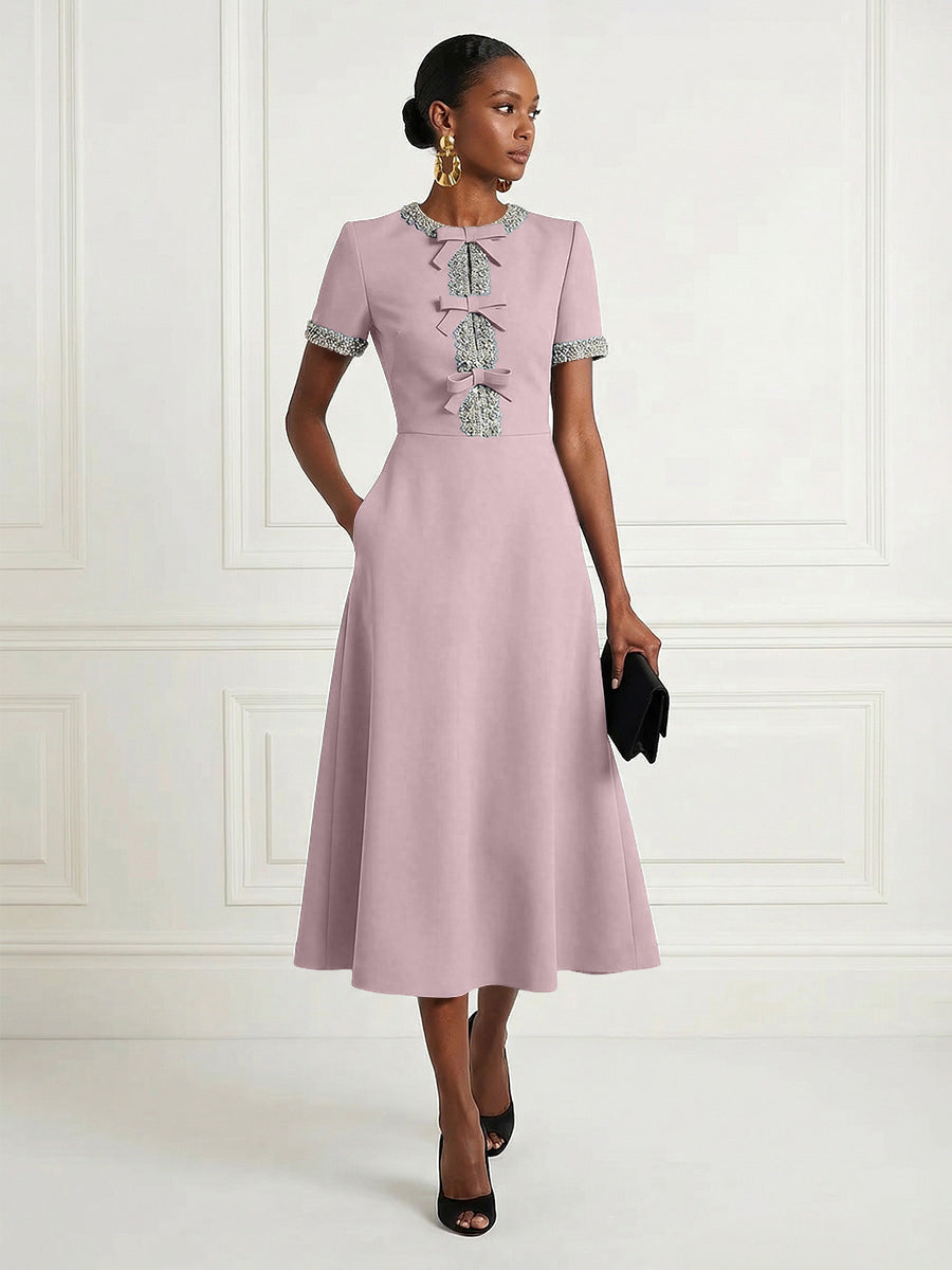 Satin A-Line/Princess Scoop Neck Tea-Length Cocktail Dresses with Rhinestones