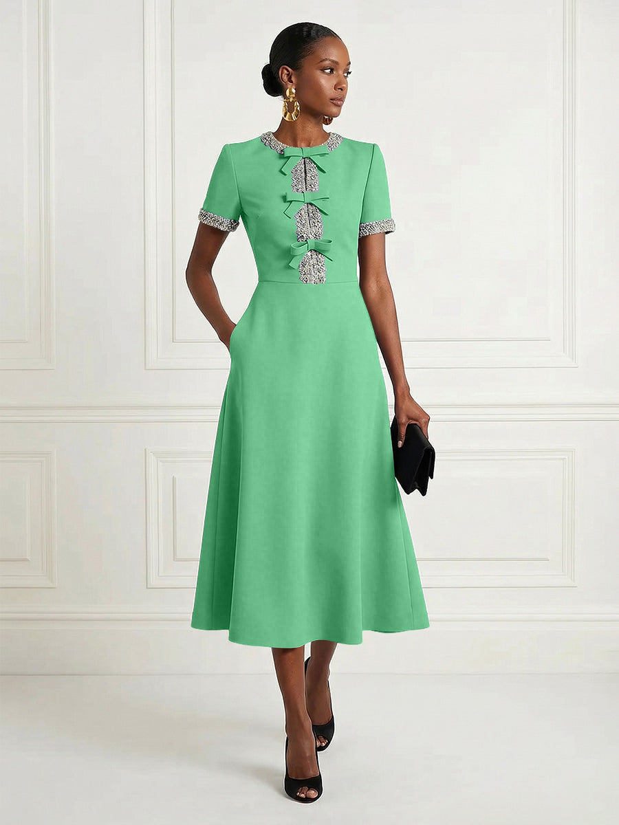 Satin A-Line/Princess Scoop Neck Tea-Length Cocktail Dresses with Rhinestones