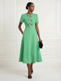 Satin A-Line/Princess Scoop Neck Tea-Length Cocktail Dresses with Rhinestones