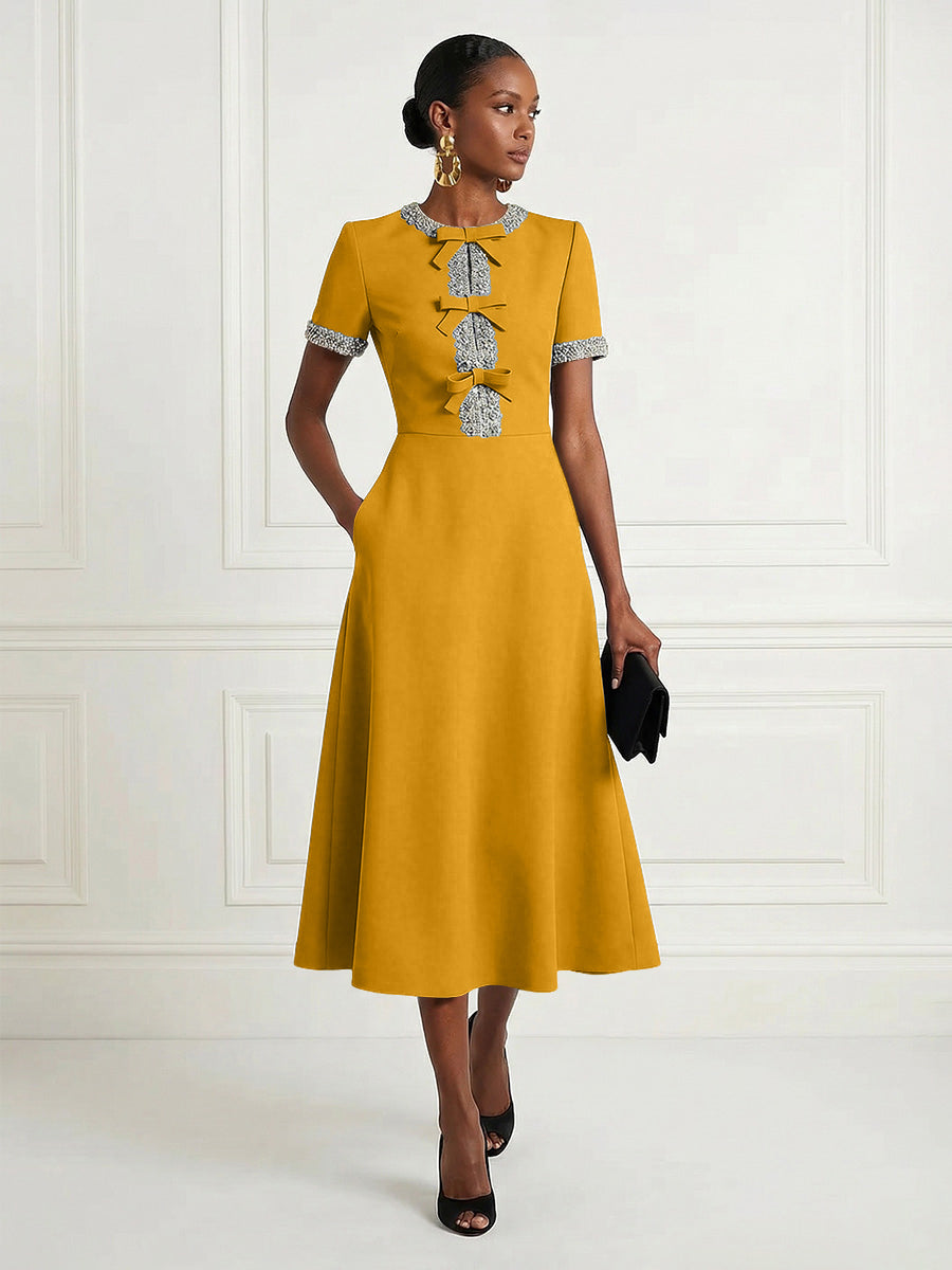 Satin A-Line/Princess Scoop Neck Tea-Length Cocktail Dresses with Rhinestones