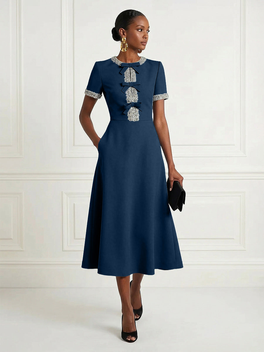 Satin A-Line/Princess Scoop Neck Tea-Length Cocktail Dresses with Rhinestones