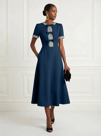 Satin A-Line/Princess Scoop Neck Tea-Length Cocktail Dresses with Rhinestones