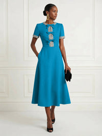 Satin A-Line/Princess Scoop Neck Tea-Length Cocktail Dresses with Rhinestones