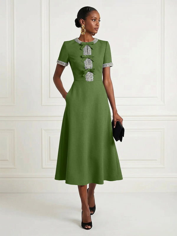Satin A-Line/Princess Scoop Neck Tea-Length Cocktail Dresses with Rhinestones