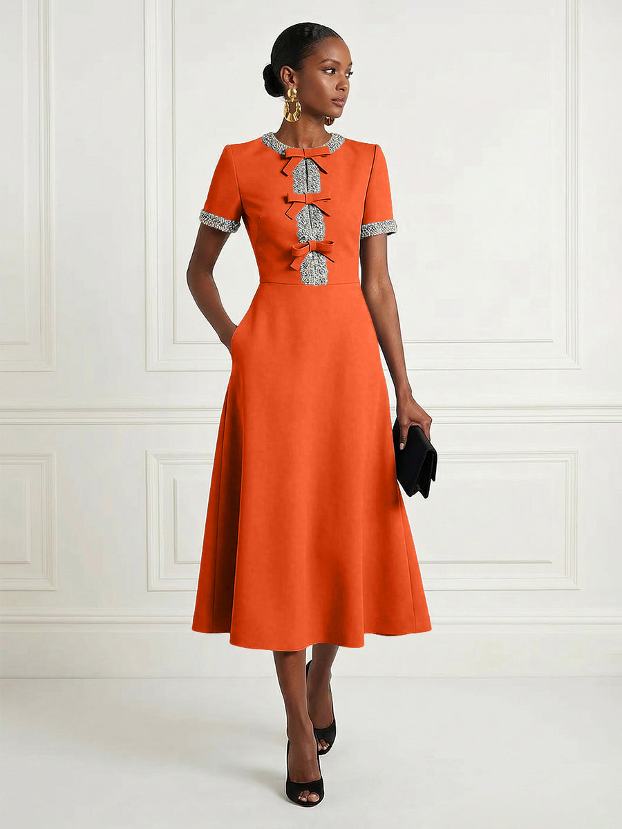 Satin A-Line/Princess Scoop Neck Tea-Length Cocktail Dresses with Rhinestones