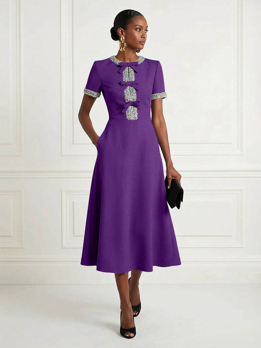 Satin A-Line/Princess Scoop Neck Tea-Length Cocktail Dresses with Rhinestones