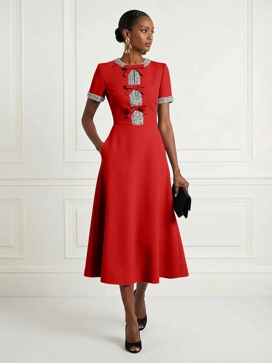 Satin A-Line/Princess Scoop Neck Tea-Length Cocktail Dresses with Rhinestones