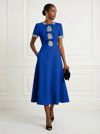 Satin A-Line/Princess Scoop Neck Tea-Length Cocktail Dresses with Rhinestones