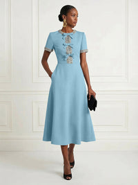 Satin A-Line/Princess Scoop Neck Tea-Length Cocktail Dresses with Rhinestones