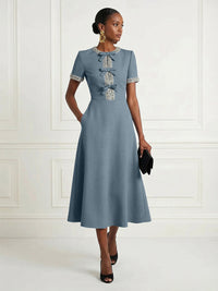 Satin A-Line/Princess Scoop Neck Tea-Length Cocktail Dresses with Rhinestones