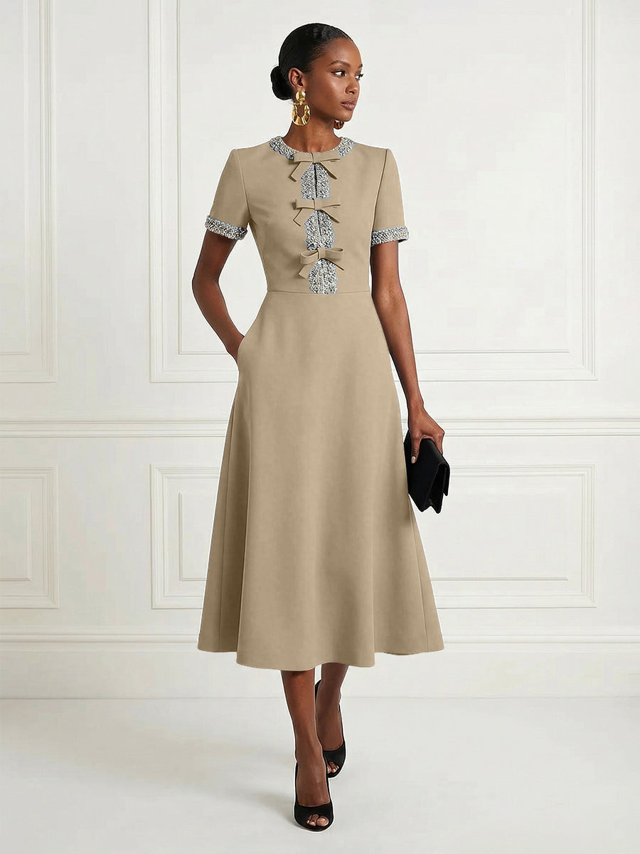 Satin A-Line/Princess Scoop Neck Tea-Length Cocktail Dresses with Rhinestones