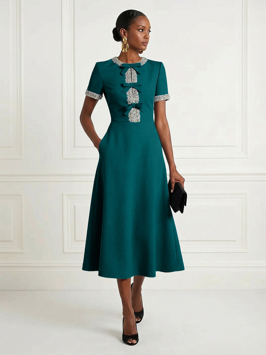 Satin A-Line/Princess Scoop Neck Tea-Length Cocktail Dresses with Rhinestones