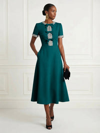 Satin A-Line/Princess Scoop Neck Tea-Length Cocktail Dresses with Rhinestones