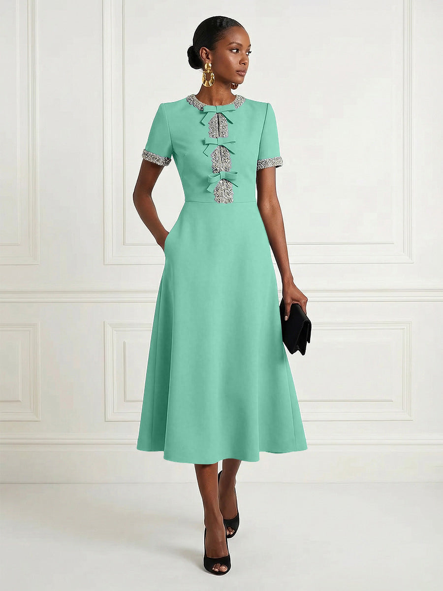 Satin A-Line/Princess Scoop Neck Tea-Length Cocktail Dresses with Rhinestones