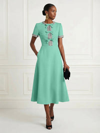 Satin A-Line/Princess Scoop Neck Tea-Length Cocktail Dresses with Rhinestones