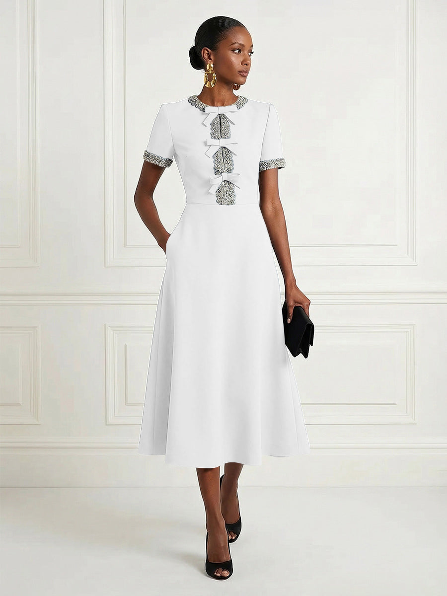 Satin A-Line/Princess Scoop Neck Tea-Length Cocktail Dresses with Rhinestones